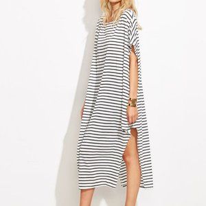 Striped Boatneck Asymmetric Maxi Dress